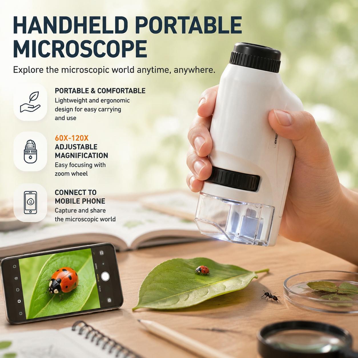 Microscope Kids Science - กล้องจุลทรรศน์พกพาขนาดเล็ก 60x 120x พร้อมไฟ LED สำหรับเด็ก