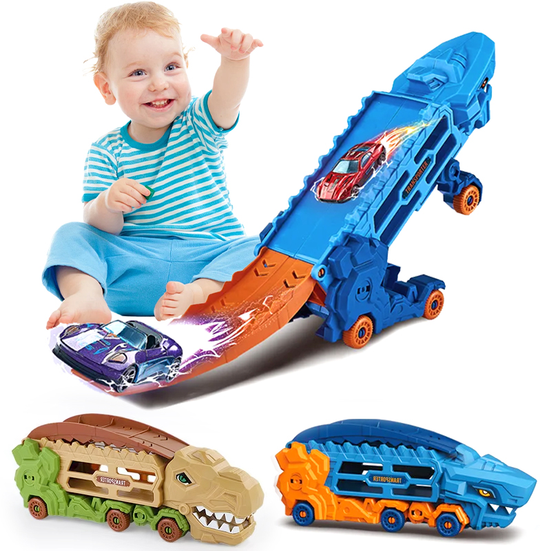 Kids Toys Unique - รถบรรทุกไดโนเสาร์พร้อมแทร็กแข่งแบบพับได้ แปลงร่างเป็นไดโนเสาร์ทีเร็กซ์ ของขวัญวันเกิดที่ดีที่สุดสำหรับเด็กชายและเด็กหญิง