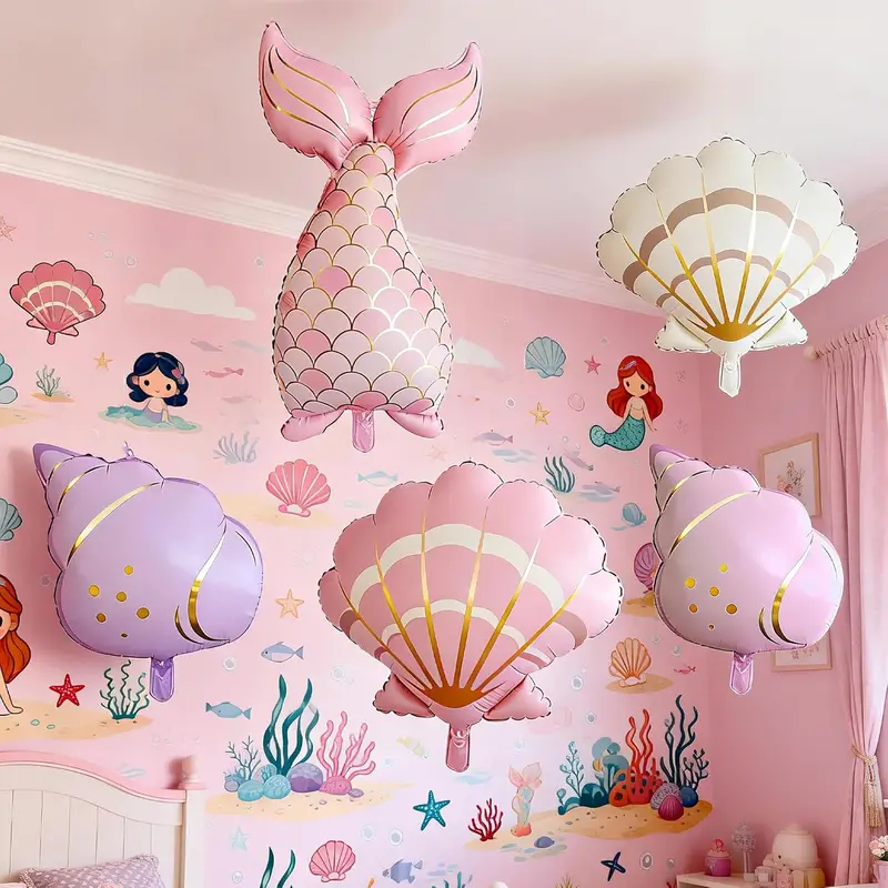 Water Balloon Set - ชุดตกแต่งวันเกิดธีมนางเงือก 5 ชิ้น: เปลือกหอยธีมมหาสมุทร, ลูกโป่งหางฟอยล์ และอุปกรณ์จัดปาร์ตี้สำหรับวันเกิดเด็กผู้หญิงและงานปาร์ตี้ธีมทะเล
