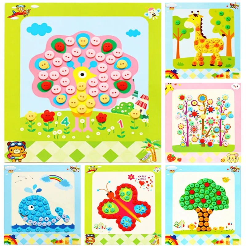 Kid Toys And Craft - ชุดของเล่นสติ๊กเกอร์ติดกระดุม DIY สำหรับเด็ก 5 ชิ้น/ชุด ชุดงานฝีมือระบายสีติดกระดุม